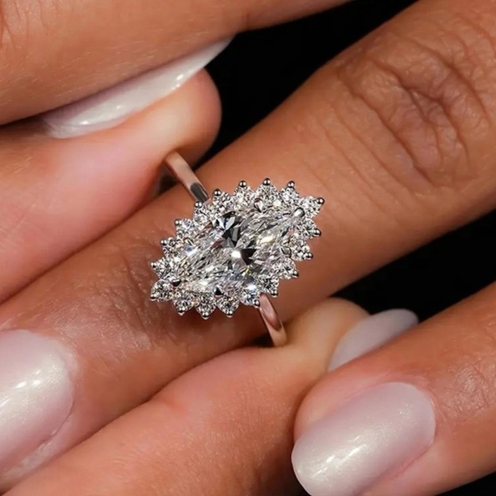 Silver Marquise Halo Ring Faux Diamond CZ Engagement Cocktail Ring Size 7